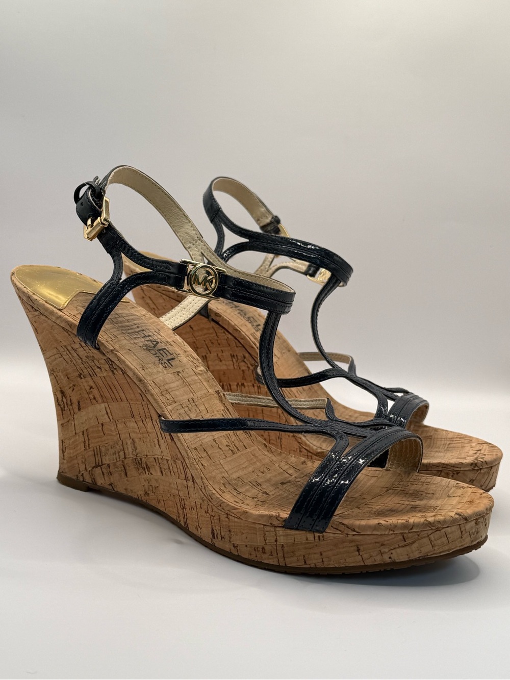 Michael Kors Cicely Navy Patent Leather Cork Wedge Sandals